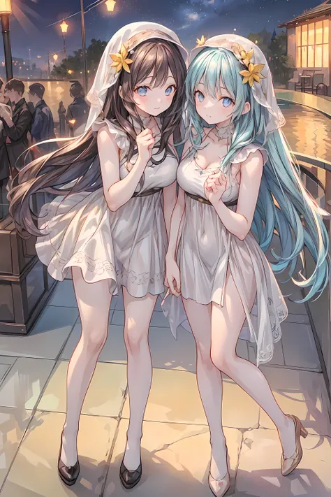 Personalization of Star Constellations,Twelve Stars Shining in the Night Sky take the form of people and soar down,(((Gemini twins))),((from above:1.2)),field,Stars Can Be Seen on the Hill,Stream star、空から降り注ぐStream star、無数のStream star群、girl2people,full sho...