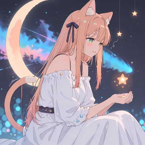 best quality, amazing quality,masterpiece,absurdres,ultra detailed,
,green eyes,soft orange hair,long hair,animal ears,hair ribbon,fang,a cat tail,1girl, solo, cute and beautiful Kanade,
, sleepy green eyes with stars in them, cute animal ears twitching, b...