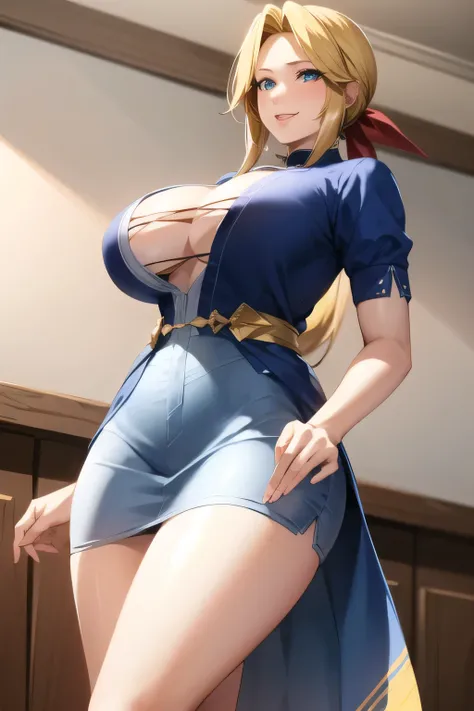 Blondeロングヘアー,can you draw facial expressions even more delicately,relax,,Light blue clothes,can you draw a woman in a white tight mini skirt,standing in the teacher's house,from below,Smile Yan,with clothes based on white,,Blue ribbon belt at the waist, ...