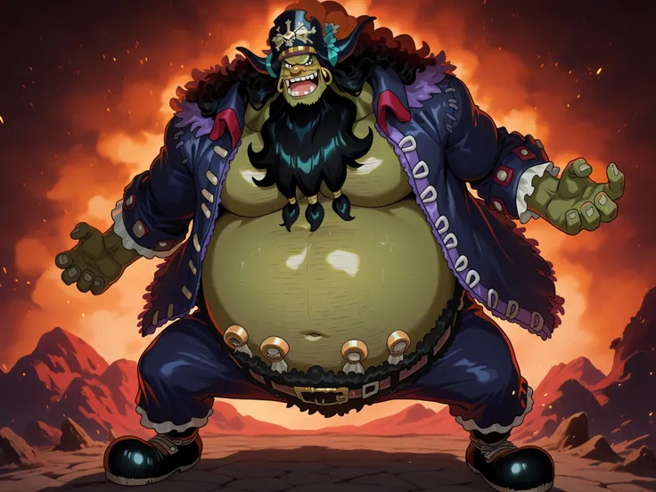 zoroj, neon shading, anime screencap, NDAN_SB ,marshall d teach, male missing tooth, black eyes, black beard, long hair male, long nose, hairy man, fat man, huge man, eyelashes, dark-skinned male, facial hair, ugly man,,solo, ((Marshall D. Teach)), ((Mars...