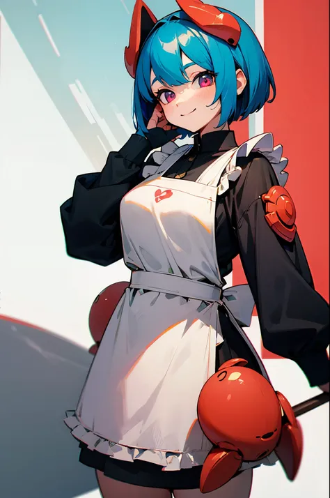 cute crab woman、solo、light blue hair、bob hair、pink eyes、White apron、Smile Yan、cowboy shot、