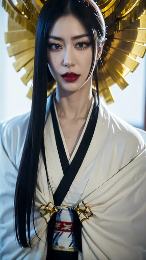 "Half-body portrait of Senjumaru Shutara from Bleach, realistic and ultra-detailed, wearing an elegant kimono with intricate golden and black patterns, ornate golden accessories, long flowing black hair decorated with delicate ornaments, graceful and compo...