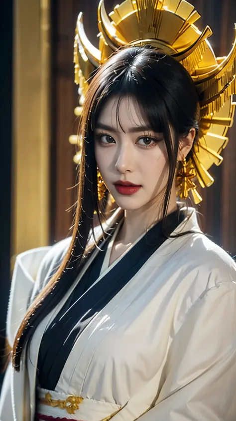 "Half-body portrait of Senjumaru Shutara from Bleach, realistic and ultra-detailed, wearing an elegant kimono with intricate golden and black patterns, ornate golden accessories, long flowing black hair decorated with delicate ornaments, graceful and compo...