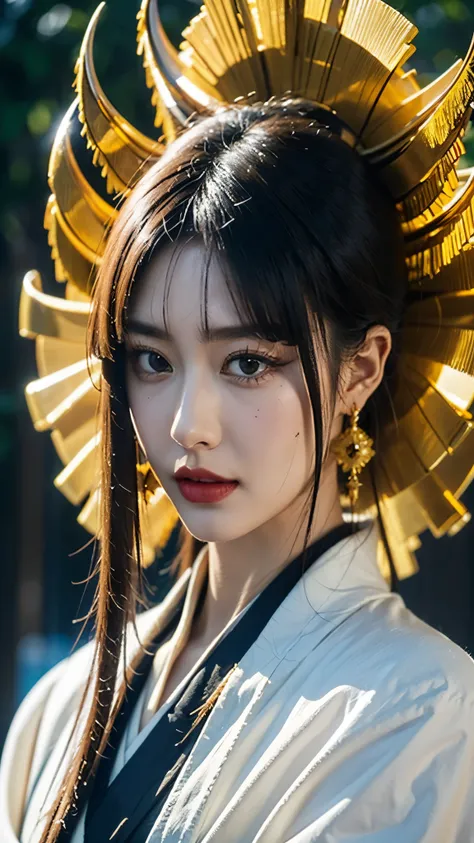 "Half-body portrait of Senjumaru Shutara from Bleach, realistic and ultra-detailed, wearing an elegant kimono with intricate golden and black patterns, ornate golden accessories, long flowing black hair decorated with delicate ornaments, graceful and compo...