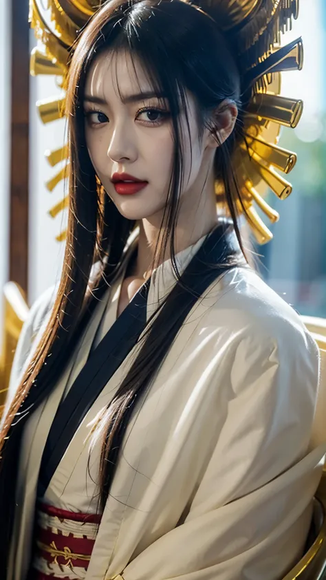 "Half-body portrait of Senjumaru Shutara from Bleach, realistic and ultra-detailed, wearing an elegant kimono with intricate golden and black patterns, ornate golden accessories, long flowing black hair decorated with delicate ornaments, graceful and compo...