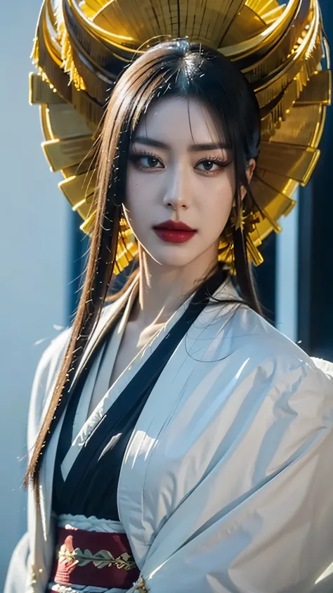 "Half-body portrait of Senjumaru Shutara from Bleach, realistic and ultra-detailed, wearing an elegant kimono with intricate golden and black patterns, ornate golden accessories, long flowing black hair decorated with delicate ornaments, graceful and compo...