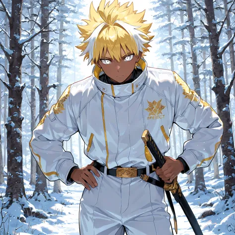 masterpiece , best quality , 1male , male focus , masculine , dark skin , solo , medium wavy spiked hair with ahoge , pastel yellow hair with white highlights , relaxed white eyes , white high collared tech jacket , white pants , gold dragon design , relax...