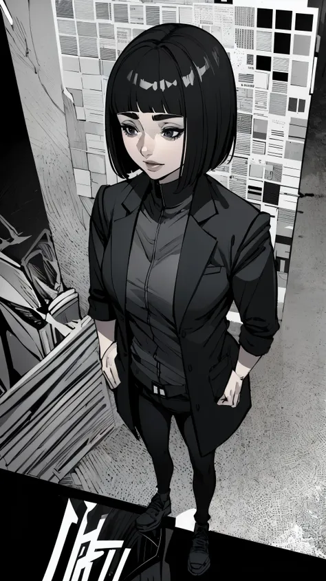 (High quality, 8k, 4k, high contrast, :1.2, high quality, best aesthetics), (woman), (centered), woman short blunt bob haircut with bangs, pale skin, super detailed, (full body), (no background), long black coat, black high-neck shirt, black pants, confide...