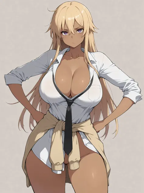nStyle，pt，Blonde，long hair，brown skin，big boobs，，Bad High School Girl，cute face，purple eyes，bangs，stupid hair，girls，Japanese，that's a good move，BIG BREASTS，(Supreme Masterpiece，Highest Quality，8k)，loose socks，white shirt，Disconnect，Not kind，Clotheswhite sh...