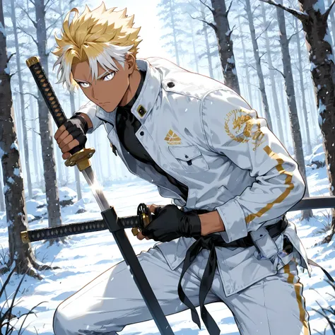 masterpiece , best quality , white high collared tech jacket , white pants , snow forest background , perfect background