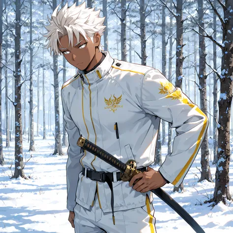 masterpiece , best quality , 1male , male focus , masculine , dark skin , solo , medium wavy spiked hair with ahoge , pastel yellow hair with white highlights , relaxed white eyes , white high collared tech jacket , white pants , gold dragon design , relax...
