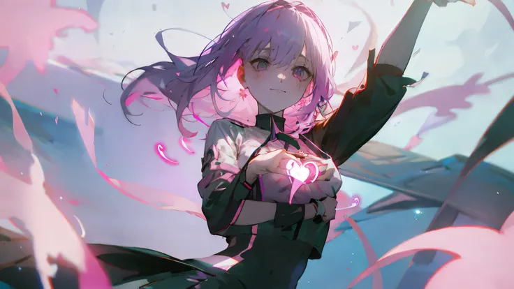 Pretty girl with pink hair、eyes are big, heart-shaped highlights、the expression is smiling but the eyes are somewhat crazy。uniform-style white blouse with ribbon、 wearing a skirt。While folding hands in front of the chest「A-I-SHI-TE-RU」whispering gesture。Th...