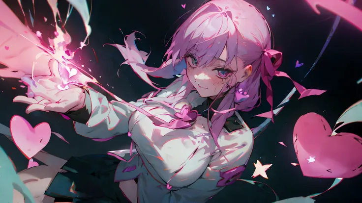 Pretty girl with pink hair、eyes are big, heart-shaped highlights、the expression is smiling but the eyes are somewhat crazy。uniform-style white blouse with ribbon、 wearing a skirt。While folding hands in front of the chest「A-I-SHI-TE-RU」whispering gesture。Th...