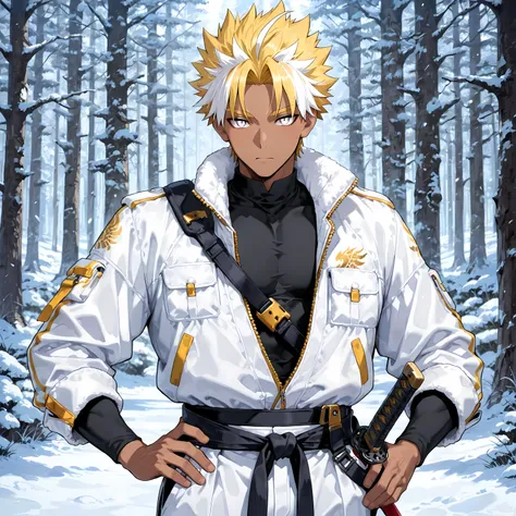 masterpiece , best quality , 1male , male focus , masculine , dark skin , solo , medium wavy spiked hair with ahoge , pastel yellow hair with white highlights , relaxed white eyes , white high collared tech jacket , black undershirt , white pants , gold dr...