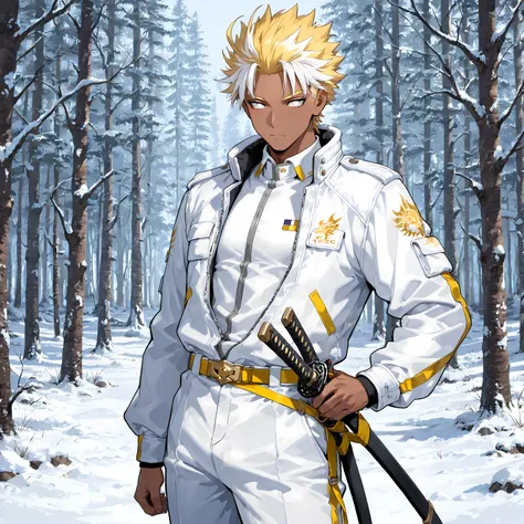 masterpiece , best quality , 1male , male focus , masculine , dark skin , solo , medium wavy spiked hair with ahoge , pastel yellow hair with white highlights , relaxed white eyes , white high collared tech jacket , white pants , gold dragon design , relax...