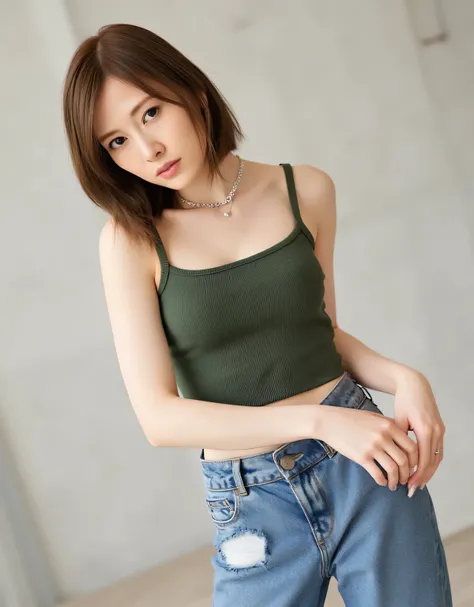 Mai Shiraishi, top quality, ultra-realistic, single woman, perfect anatomy, perfect fingers, slim body, toned waist, thin thighs, heavily ripped washed denim jeans fastened with safety pins, slim ivy green tank top, silver choker necklace, asymmetrical hai...