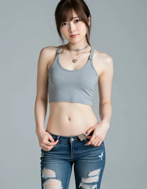 Mai Shiraishi, top quality, ultra-realistic, single woman, perfect anatomy, perfect fingers, slim body, toned waist, thin thighs, heavily ripped washed denim jeans fastened with safety pins, slim ash grey tank top, silver choker necklace, asymmetrical hair...