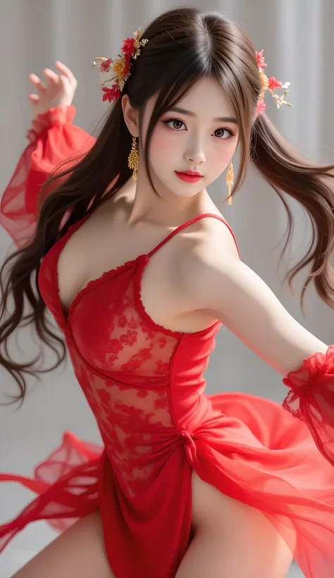 1 girl, 19 years old, ((city in Vietnam)), dark brown hair, purple eyes, hair ornament, red dance short dress ((cowboy photo)), ((bare shoulders)), ((short skirt)), realistic detailed photo of a plumple breasted girl with exposed shoulders, detailed finger...