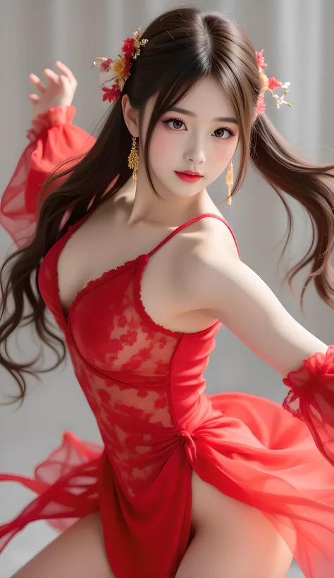 1 girl, 19 years old, ((city in Vietnam)), dark brown hair, purple eyes, hair ornament, red dance short dress ((cowboy photo)), ((bare shoulders)), ((short skirt)), realistic detailed photo of a plumple breasted girl with exposed shoulders, detailed finger...