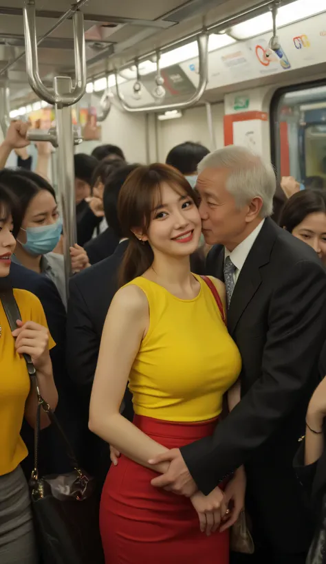 crowded subway train in rush hour, Cinematic realistic with a joyful feel. The passenger stood up to meekly once. Diantara penumpang, there was a beautiful young woman Busty Japanese in a yellow sleeveless tight T-shirt top and red miniskirt look cute smil...