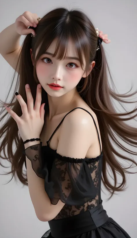 1 girl, 19 years old, ((city in Vietnam)), dark brown hair, purple eyes, hair ornament, black dance short skirt ((cowboy photo)), ((bare shoulders)), ((short skirt)), realistic detailed photo of a plumple breasted girl with exposed shoulders, detailed fing...