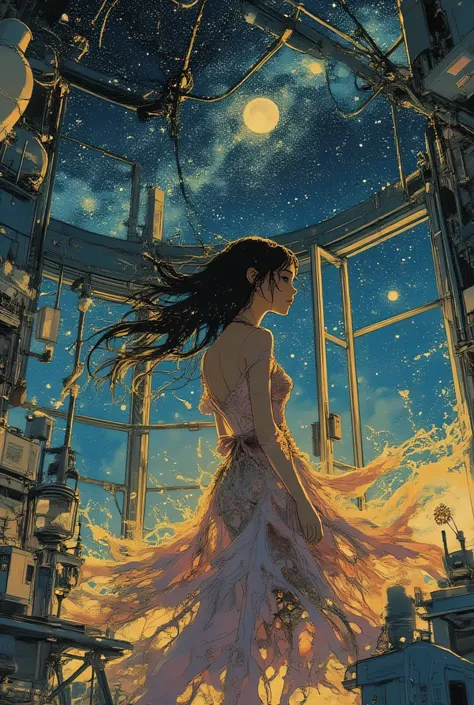 pingtu style, illustrazione-fen, stm211, Extremely aesthetic, illustrazione,  colori vivaci , decentralized composition, 
BREAK
Director of the star observatory. Ne laboratorio, illuminated by the moonlight that penetrates the windows , her hair waves grac...