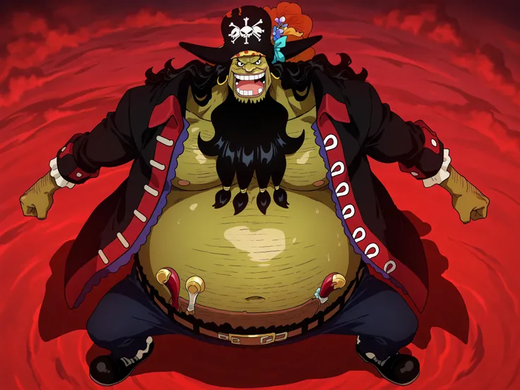 shading, anime screencap, ,marshall d teach, male missing tooth, black eyes, black beard, long hair male, long nose, hairy man, fat man, huge man, eyelashes, dark-skinned male, facial hair, ugly man,,solo, ((Marshall D. Teach)), ((green skin)), black eye...