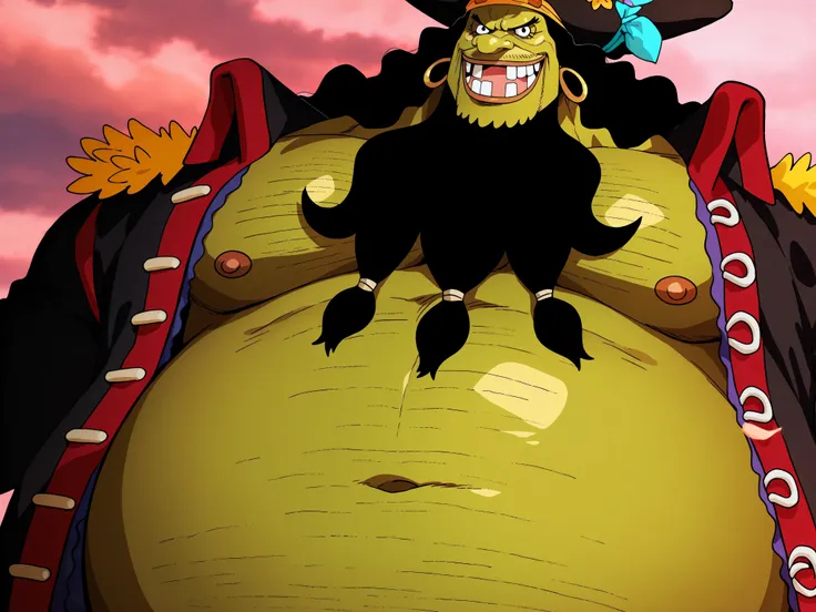 shading, anime screencap, ,marshall d teach, male missing tooth, black eyes, black beard, long hair male, long nose, hairy man, fat man, huge man, eyelashes, dark-skinned male, facial hair, ugly man,,solo, ((Marshall D. Teach)), ((green skin)), black eye...