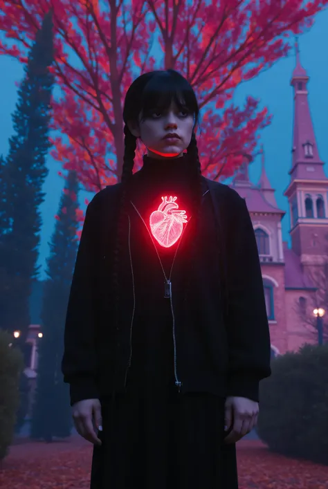 wednesday addams, with a red heartbeat on her and a very colorful background with high contrasts with a big bell tower