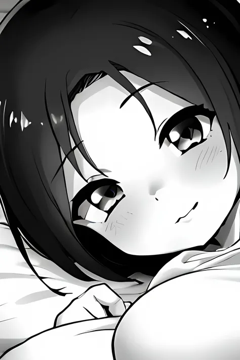 ((( Line art ))),((( monochrome:1.2))),1girl,ideal ratio body proportions,(iris ), Dark Eyes ,( small eyes ),(Slanted Eyes) ,(open eyes),smile ,((black hair))),( short bob hair ),bangs ,(closed mouth),(cute lips),((big breasts)),(disproportionate breasts),...