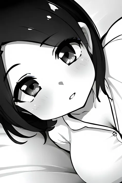 ((( Line art ))),((( monochrome:1.2))),1girl,ideal ratio body proportions,(iris ), Dark Eyes ,( small eyes ),(Slanted Eyes) ,(open eyes),((black hair))),( short bob hair ),bangs ,(closed mouth),(cute lips),((big breasts)),(disproportionate breasts),cleavag...