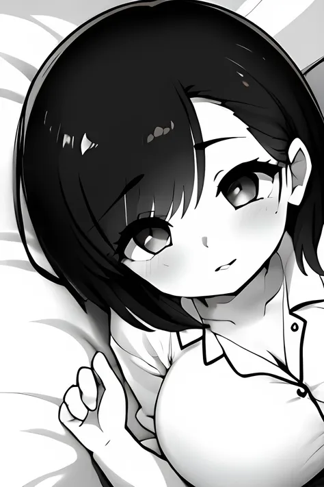 ((( Line art ))),((( monochrome:1.2))),1girl,ideal ratio body proportions,(iris ), Dark Eyes ,( small eyes ),(Slanted Eyes) ,(open eyes),((black hair))),( short bob hair ),bangs ,(closed mouth),(cute lips),((big breasts)),(disproportionate breasts),cleavag...