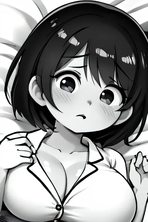 ((( Line art ))),((( monochrome:1.2))),1girl,ideal ratio body proportions,(iris ), Dark Eyes ,( small eyes ),(Slanted Eyes) ,(open eyes),((black hair))),( short bob hair ),bangs ,(closed mouth),(cute lips),((big breasts)),(disproportionate breasts),cleavag...