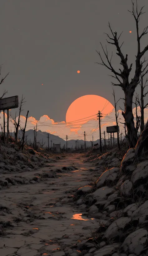 Post-apocalyptic wasteland at dawn, cracked dry ground, burnt trees, ruined billboards in the distance, a faint orange glow of sunrise breaking through heavy clouds, lonely and desolate mood, cinematic anime landscape, highly detailed, dramatic lighting.