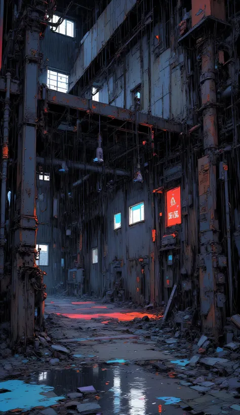 Abandoned factory in heavy rain, rusted steel pipes, broken windows with water dripping inside, puddles reflecting neon-like warning lights, debris scattered across the ground, industrial post-apocalyptic mood, anime concept art background, cinematic drama...