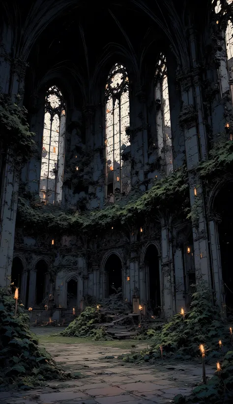 Ruined gothic church, collapsed stained glass windows, overgrown ivy covering cracked stone walls, faint candlelight in the darkness, eerie silence, post-apocalyptic mystical mood, anime style background, detailed concept art, cinematic ruined beauty.