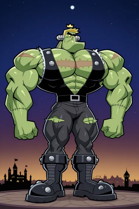 Score_9_up, score_8_up, score_7_up, 1boy, solo, giant frankenstein monster, green skin, hands, long legs, big feets, nuts on the head, stitches on the body, scars, sharp teeths, black ripped vest, ripped pants, muscular body, ginomous biceps, enormous pect...