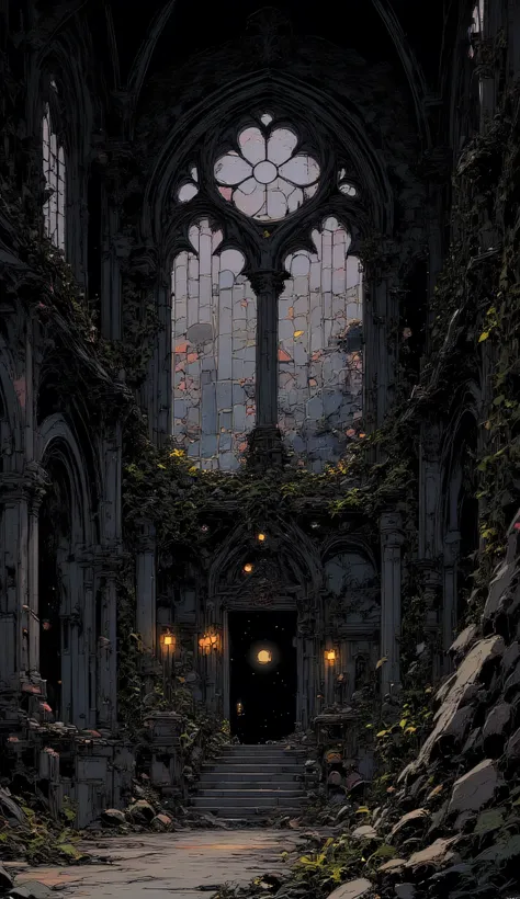 Ruined gothic church, collapsed stained glass windows, overgrown ivy covering cracked stone walls, faint candlelight in the darkness, eerie silence, post-apocalyptic mystical mood, anime style background, detailed concept art, cinematic ruined beauty.