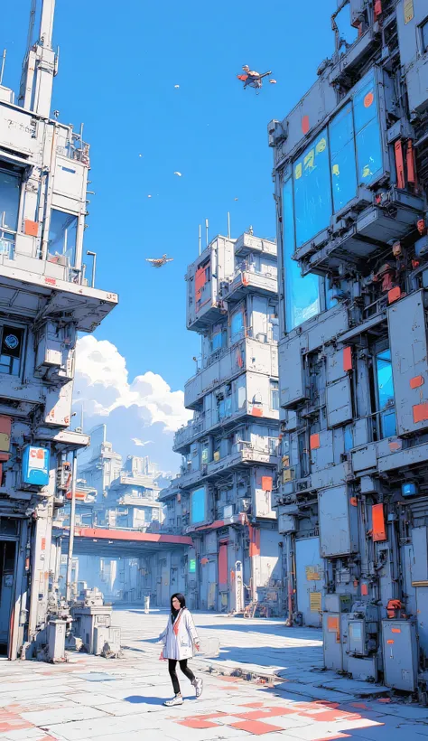 Futuristic research facility, clean metallic glass walls, shining neon signs, people in lab coats walking, security gates, hovering drones patrolling, blue sky with few clouds, modern cityscape, anime background art, bright and hopeful atmosphere.