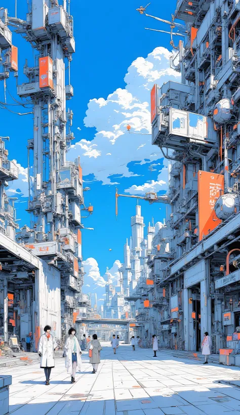 Futuristic research facility, clean metallic glass walls, shining neon signs, people in lab coats walking, security gates, hovering drones patrolling, blue sky with few clouds, modern cityscape, anime background art, bright and hopeful atmosphere.