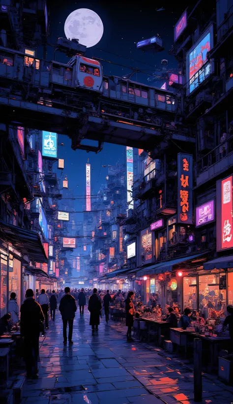 Bustling futuristic city at night, neon billboards glowing, crowded streets with people shopping, reflections on wet pavement, monorail passing overhead, cafes and restaurants full of life, cinematic anime background, vibrant cyberpunk colors but clean and...