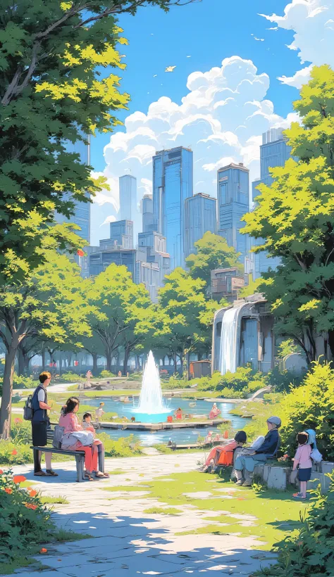 City park on a sunny day, families enjoying picnic, children playing, clean futuristic benches, water fountain glowing in sunlight, skyscrapers in background, birds flying, anime concept art, cheerful peaceful atmosphere..