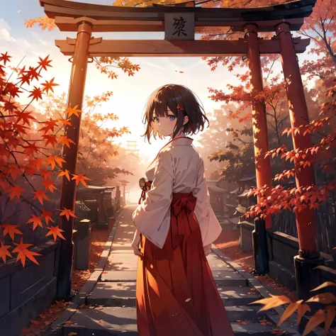 Torii gate of Fushimi Inari wrapped in the atmosphere of dusk, scattered maple leaves blown in the wind, with the sunset shining and illuminating, scattered maple leaves blown in the windを照らす, 
contrast between green bamboo groves and fall maple leaves, Th...