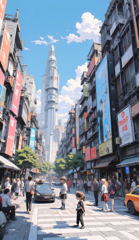 Busy crosswalk in a futuristic city, large digital billboards, people in business suits and students, cars passing with clean electric engines, sunny weather, anime background art, lively but peaceful atmosphere.