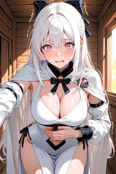  ZeroDrak, white hair, hair bow,  pink eyes, cleavage, white cape, detached white sleeves,  white stomach cutout,

Solo, general, masterpiece, highres, ultra-detailed, hyper-detailed, best quality,  amazing quality, very aesthetic, best hands, best eyes, b...