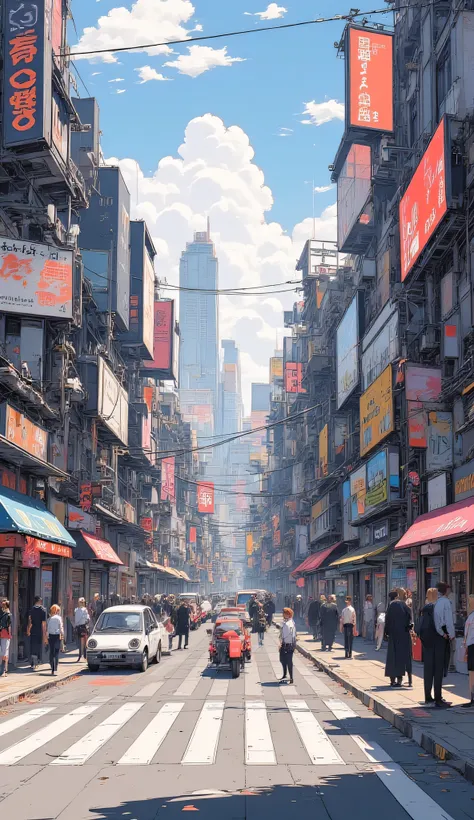 Busy crosswalk in a futuristic city, large digital billboards, people in business suits and students, cars passing with clean electric engines, sunny weather, anime background art, lively but peaceful atmosphere.