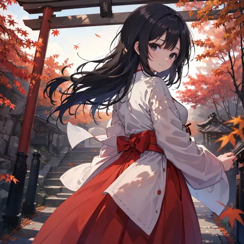 Torii gate of Fushimi Inari wrapped in the atmosphere of dusk, scattered maple leaves blown in the wind, with the sunset shining and illuminating, scattered maple leaves blown in the windを照らす, 
contrast between green bamboo groves and fall maple leaves, Th...