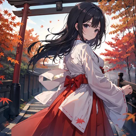 Torii gate of Fushimi Inari wrapped in the atmosphere of dusk, scattered maple leaves blown in the wind, with the sunset shining and illuminating, scattered maple leaves blown in the windを照らす, 
contrast between green bamboo groves and fall maple leaves, Th...