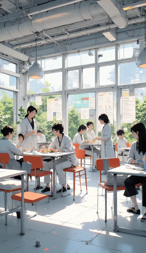 Modern research facility cafeteria, clean tables, digital menu boards, scientists and staff eating lunch, large glass windows with garden view, soft sunlight, anime background art, bright and relaxed mood.