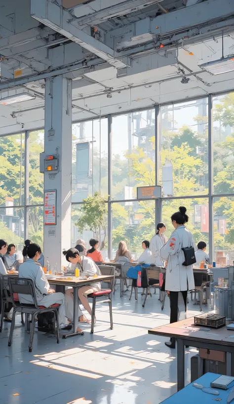 Modern research facility cafeteria, clean tables, digital menu boards, scientists and staff eating lunch, large glass windows with garden view, soft sunlight, anime background art, bright and relaxed mood.